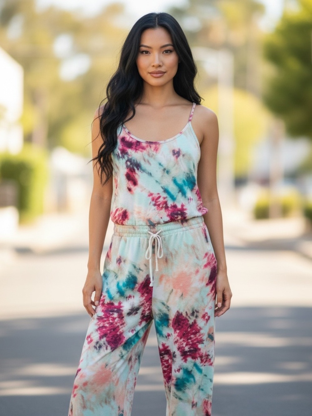 ADORA Tie-Dye Spaghetti-Strap Jumpsuit in Teal & Pink size large